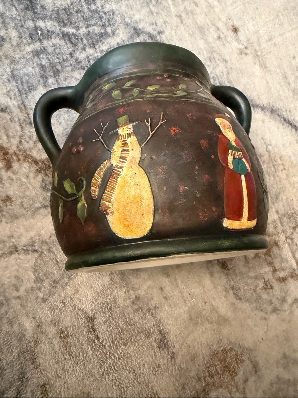 Handpainted Holiday Ceramic Planter in Green and Brown - Large Bean Pot